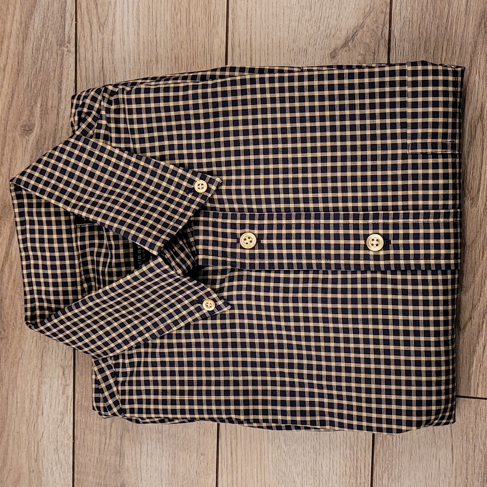 BURBERRY LONDON Dark Navy Yellow Plaid Cotton Sz S Mens Long Sleeve Shirt NEW
